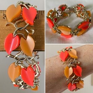 Vintage Thermoset Heart Shape Leaf Bracelet Orange Butterscotch Silvertone
